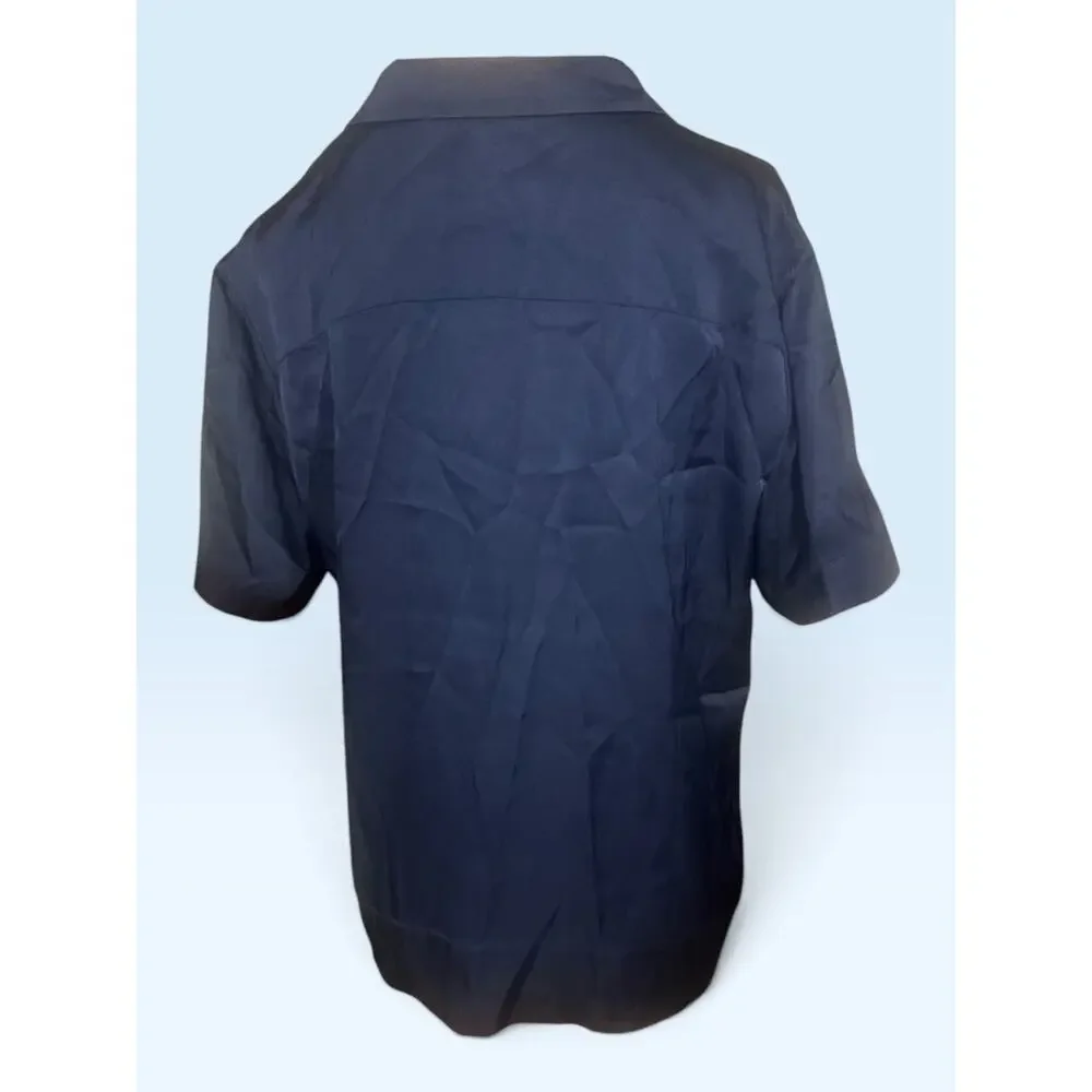 Quince Washable Stretch Silk short Sleeve Notch Collar Blouse Navy Blue Sz L NWT